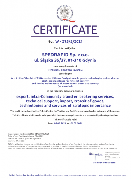 W 275 5 2021 SPEDRAPID certificate ang