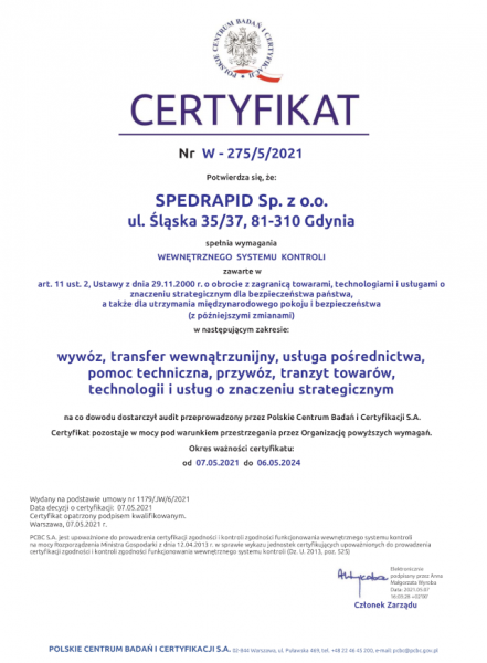 W 275 5 2021 SPEDRAPID certyfikat pol2